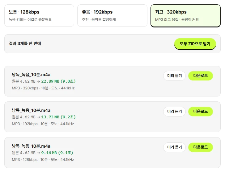 압축소 MP3 변환 화면. 10분짜리 M4A 녹음(4.62MB)을 320kbps로 바꾸니 22.89MB, 192kbps는 13.73MB, 128kbps는 9.16MB가 됐고 각각 9초 남짓 걸렸다는 결과가 보인다